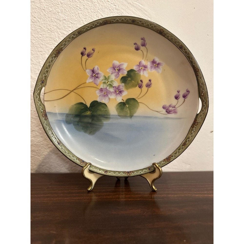 Antique Hand Painted Porcelain Cabinet Plate Violet Floral Gold‎ Trim Handles
